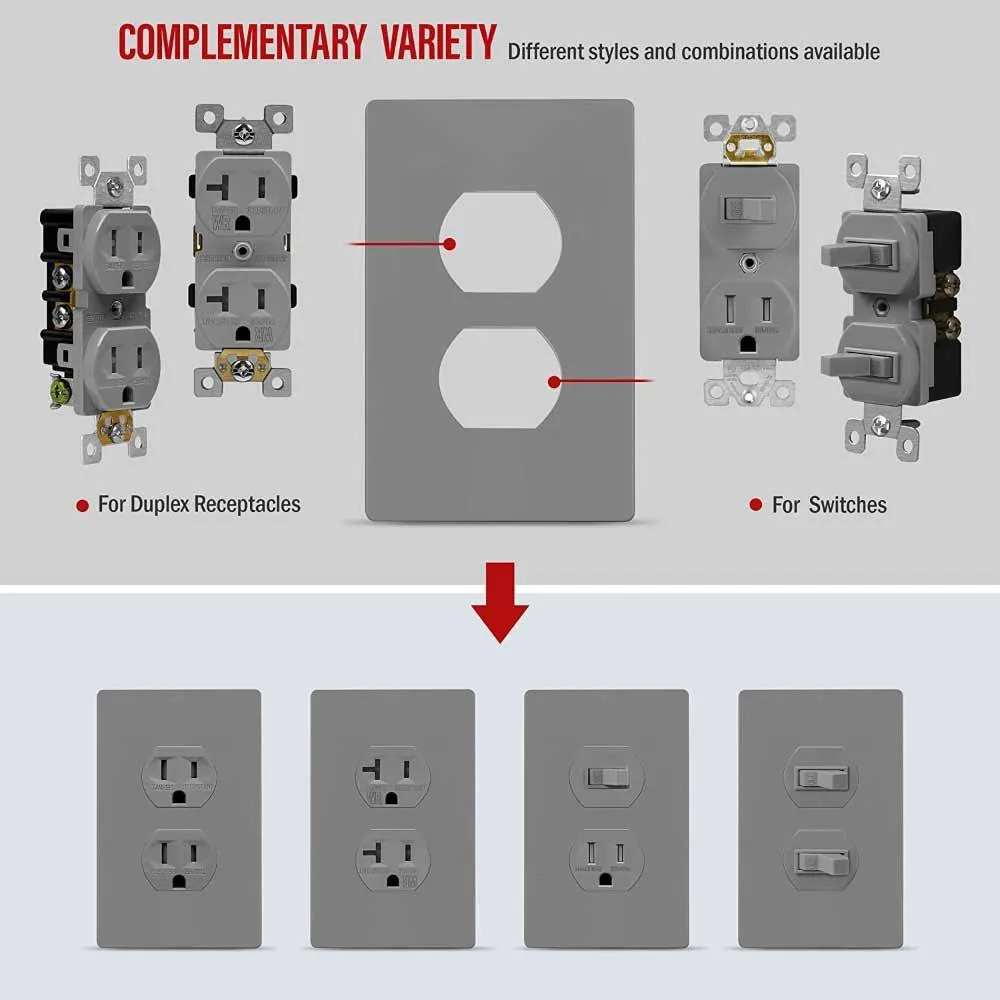 1-Gang Screwless Duplex Outlet Cover Plate Gray
