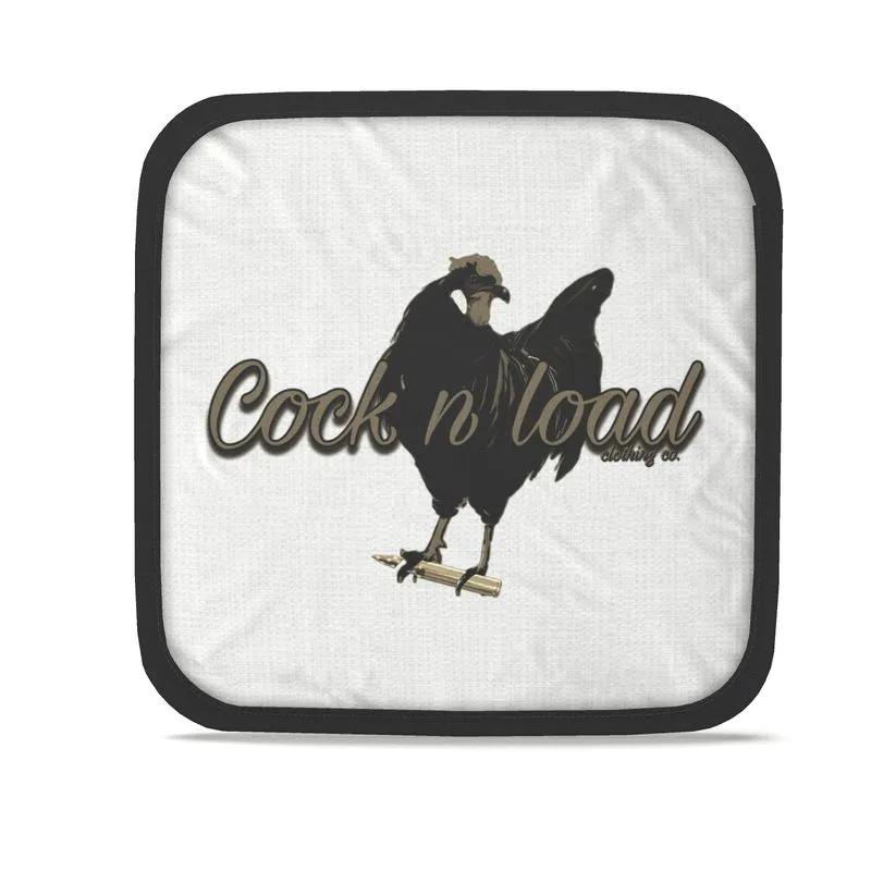 #503 cocknload hot dish pads. Gun  print.