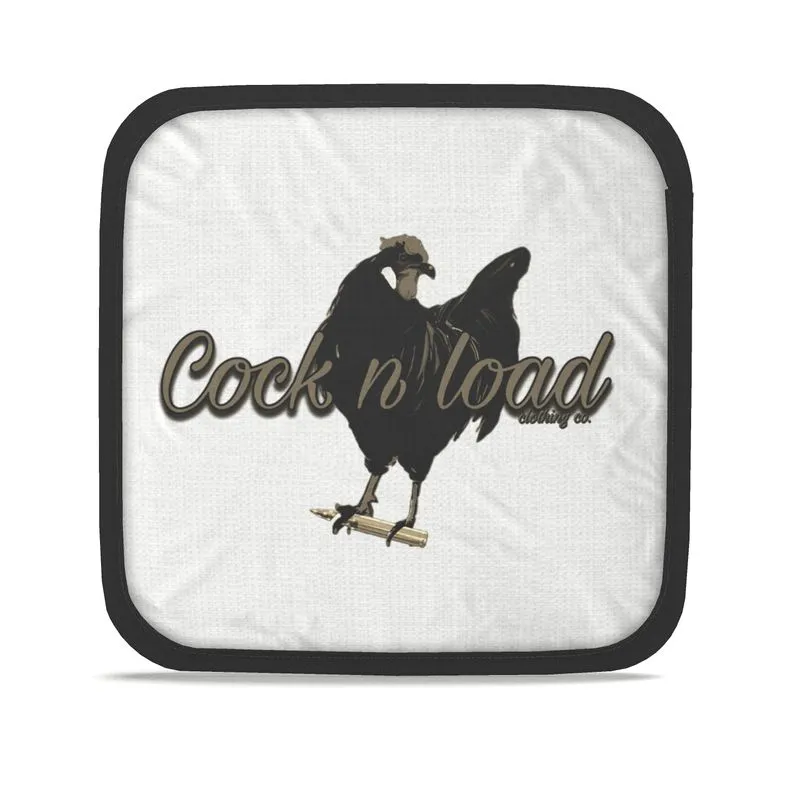#503 cocknload hot dish pads. Gun  print.