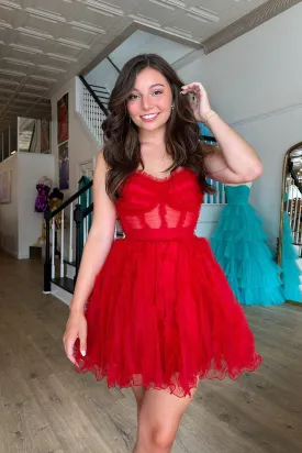 A-Line Strapless Red Tulle Short Homecoming Dresses with Bow VK081603