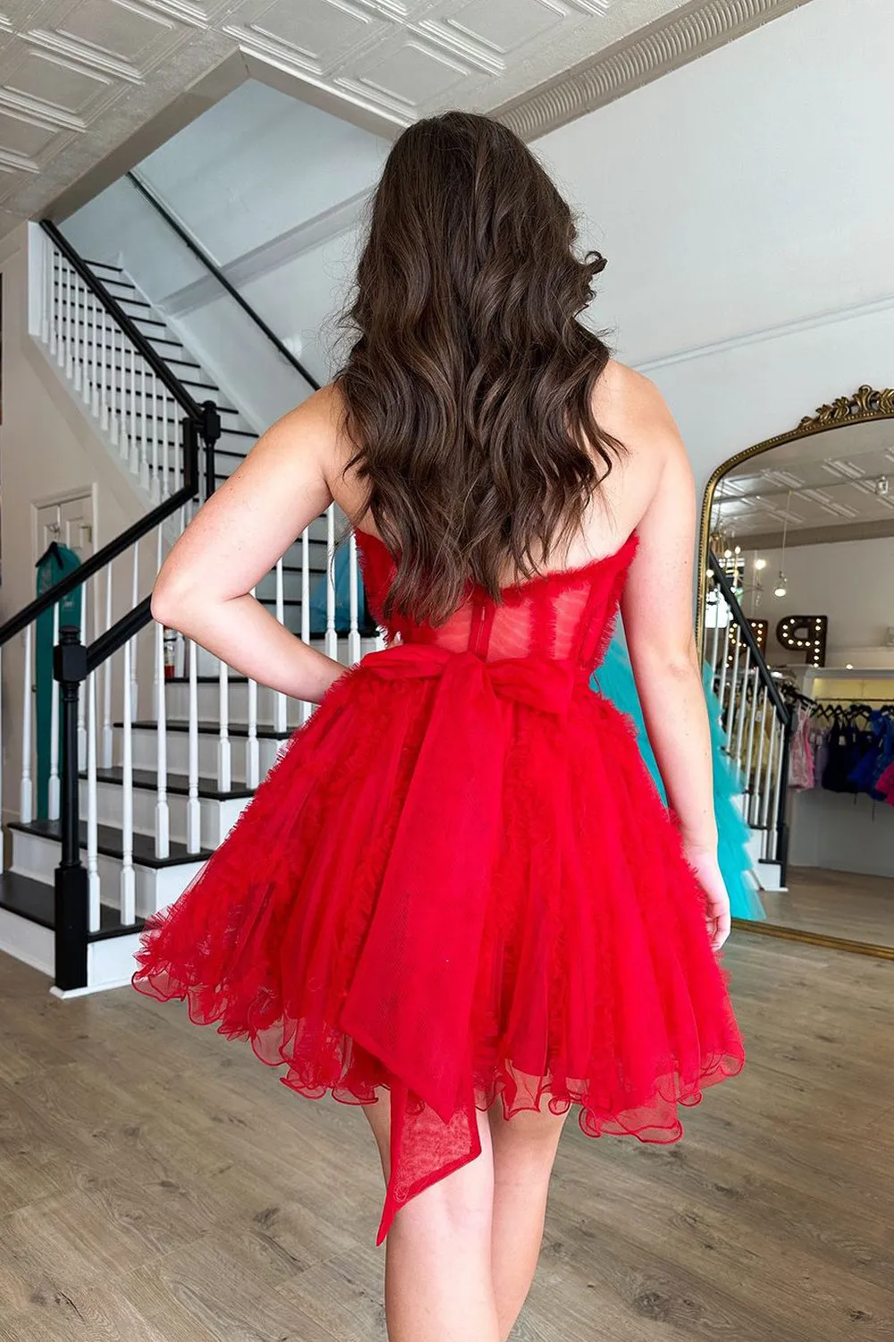 A-Line Strapless Red Tulle Short Homecoming Dresses with Bow VK081603