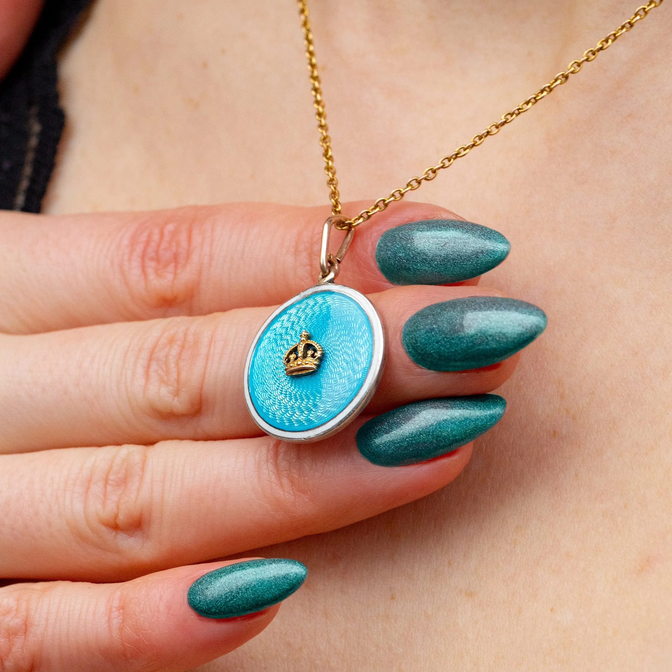 Antique 9ct Gold Blue Guilloché Enamel Pendant with Crown, Signed Child & Child