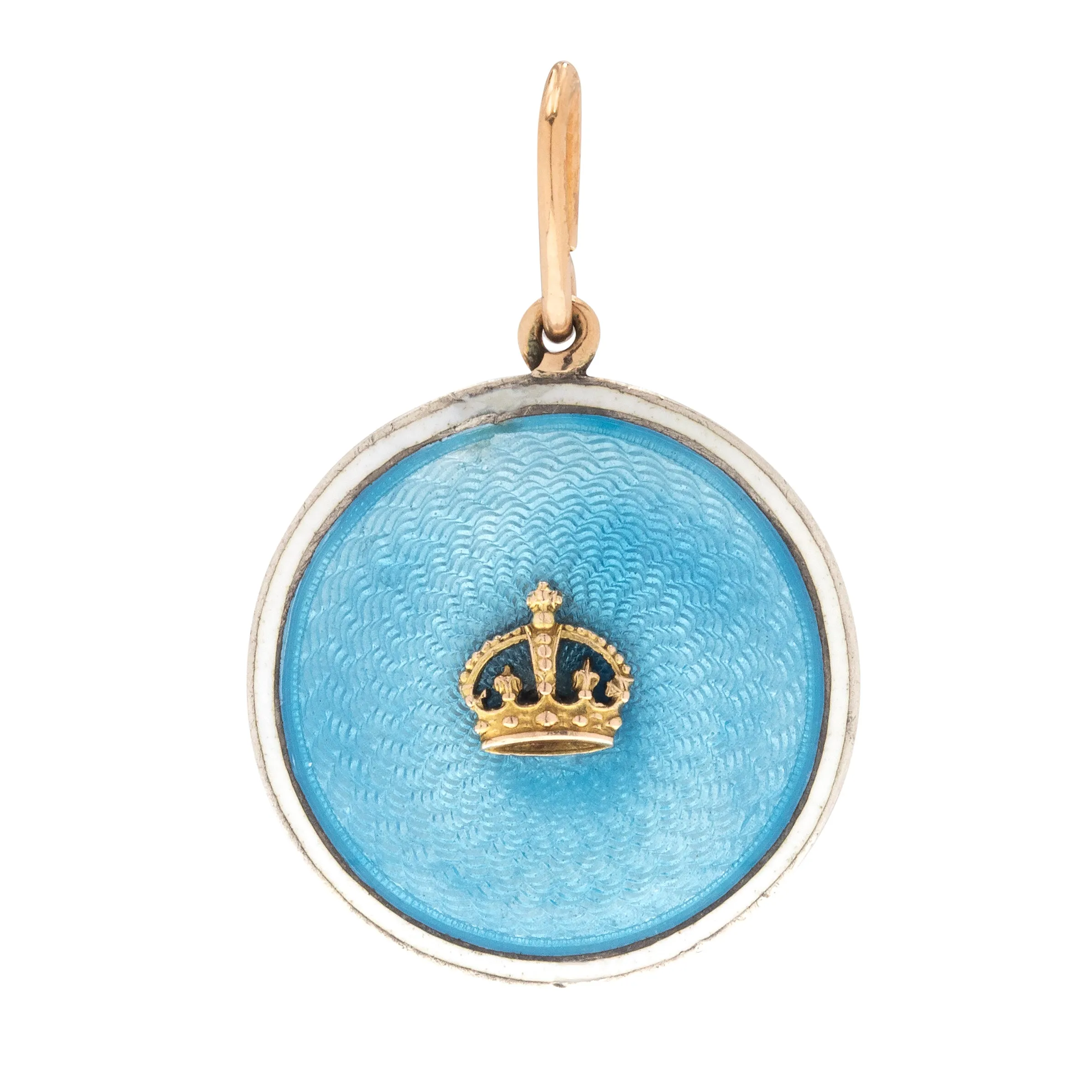Antique 9ct Gold Blue Guilloché Enamel Pendant with Crown, Signed Child & Child