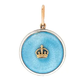 Antique 9ct Gold Blue Guilloché Enamel Pendant with Crown, Signed Child & Child