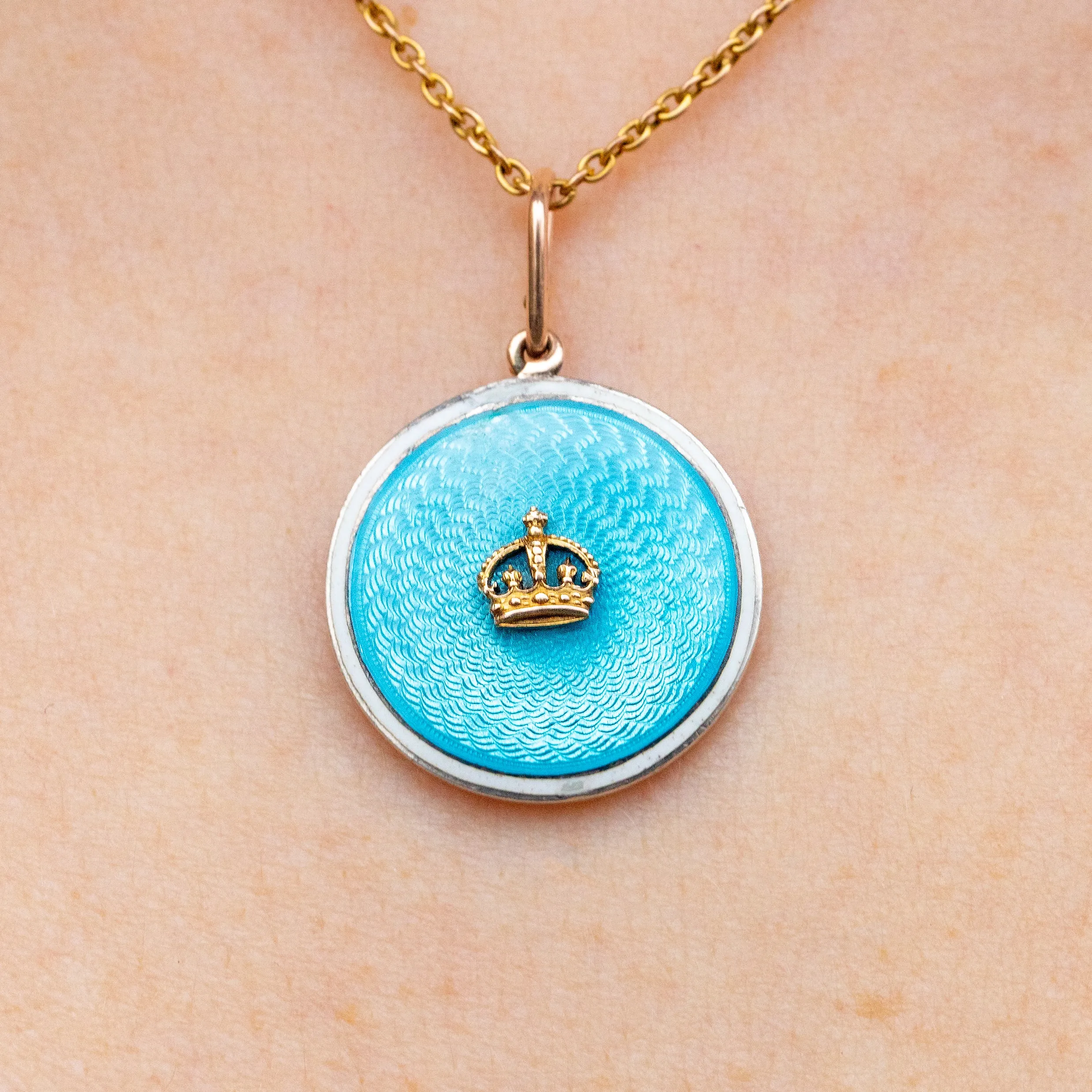 Antique 9ct Gold Blue Guilloché Enamel Pendant with Crown, Signed Child & Child
