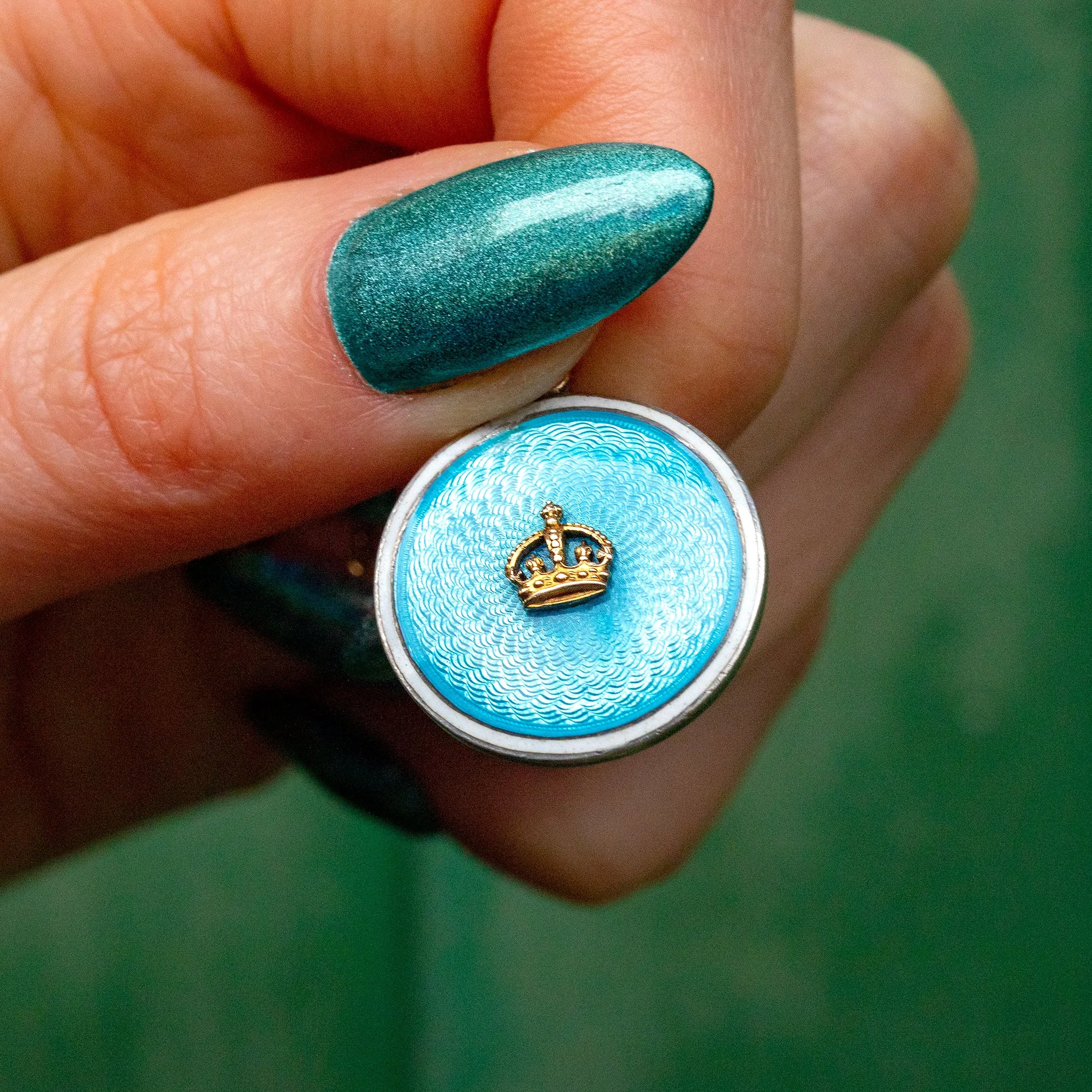 Antique 9ct Gold Blue Guilloché Enamel Pendant with Crown, Signed Child & Child
