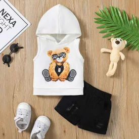 Bear Print Hooded Tank   Ripped Denim Shorts Set - Baby Boy (2Pcs)