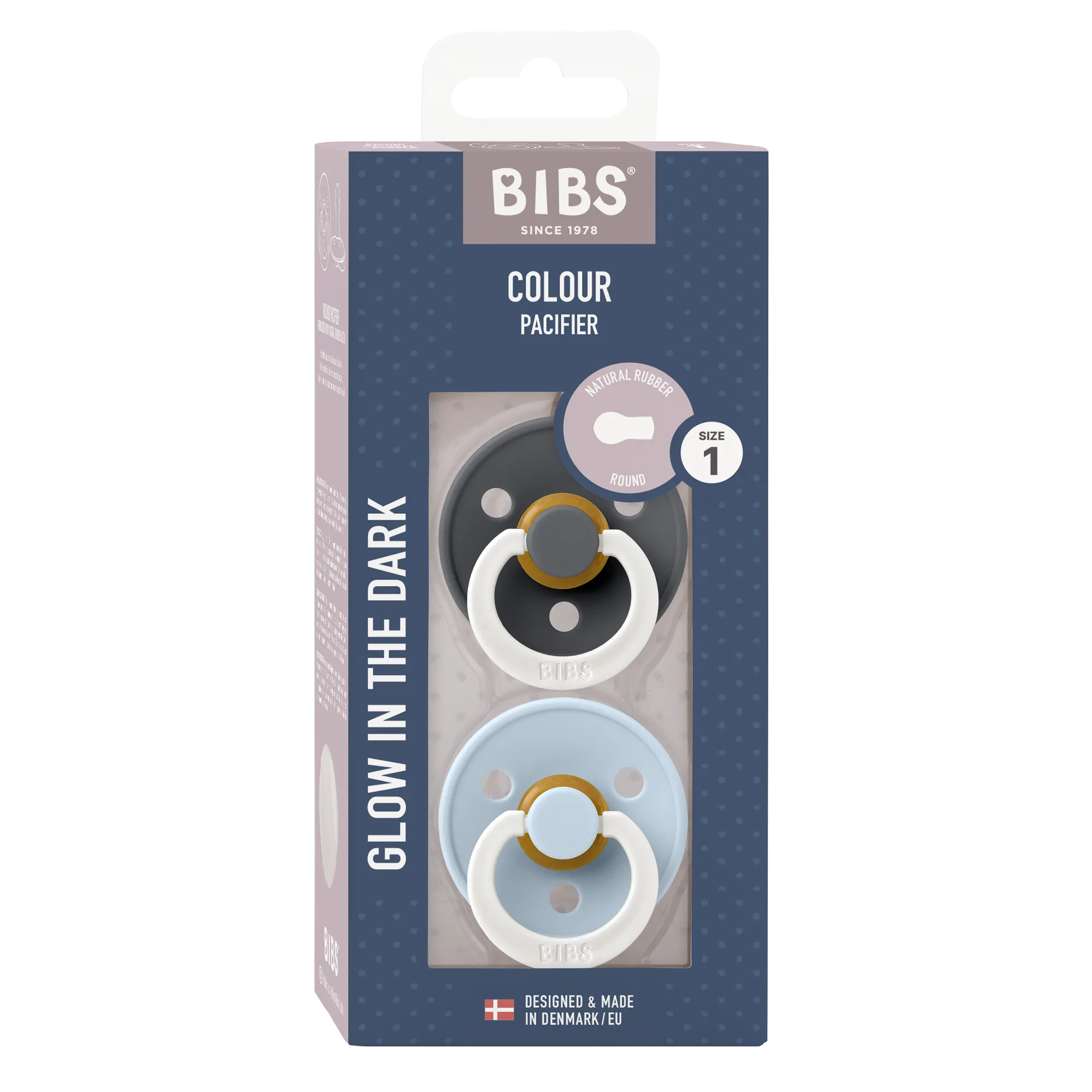 BIBS Colour GLOW Pacifier 2 Pack - Iron/Baby Blue