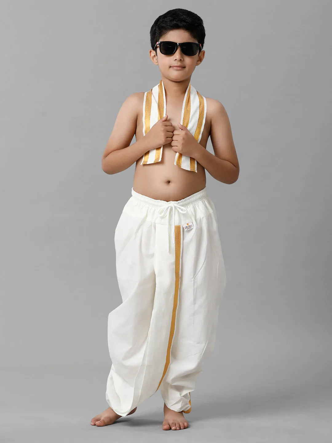 Boys Cotton Cream Elastic Panchakacham Towel Combo