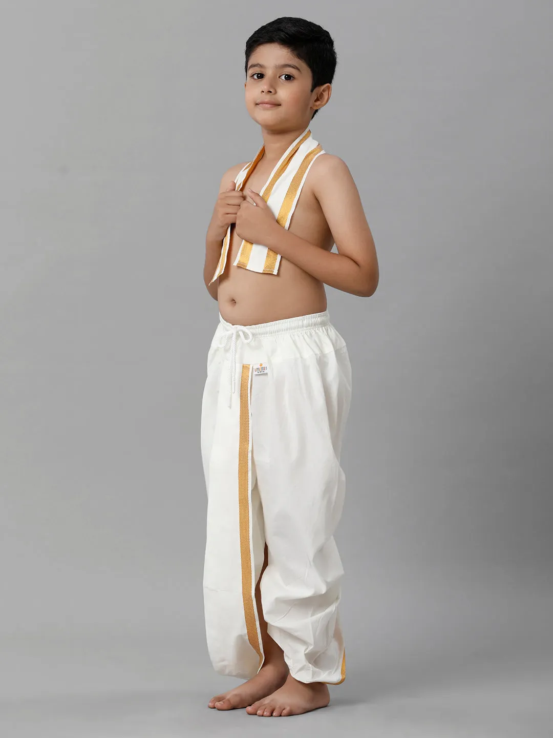 Boys Cotton Cream Elastic Panchakacham Towel Combo