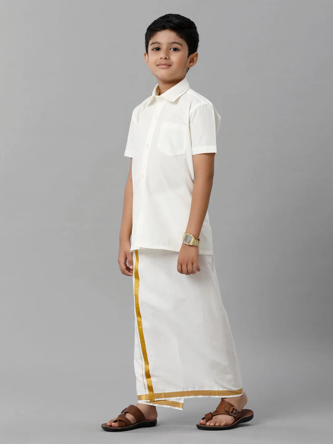 Boys Cotton Cream Half Sleeve Shirt with Dhoti Set