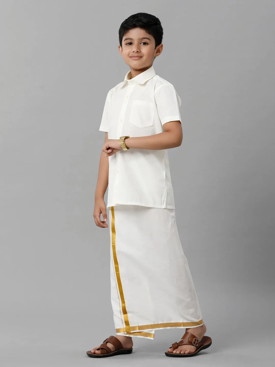 Boys Cotton Cream Half Sleeve Shirt with Dhoti Set