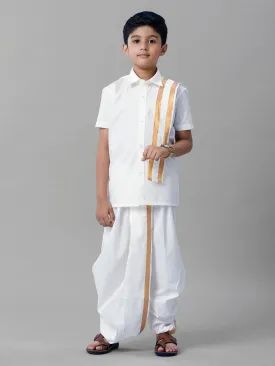 Boys Cotton White Half Sleeves Shirt Panchakacham Towel Combo