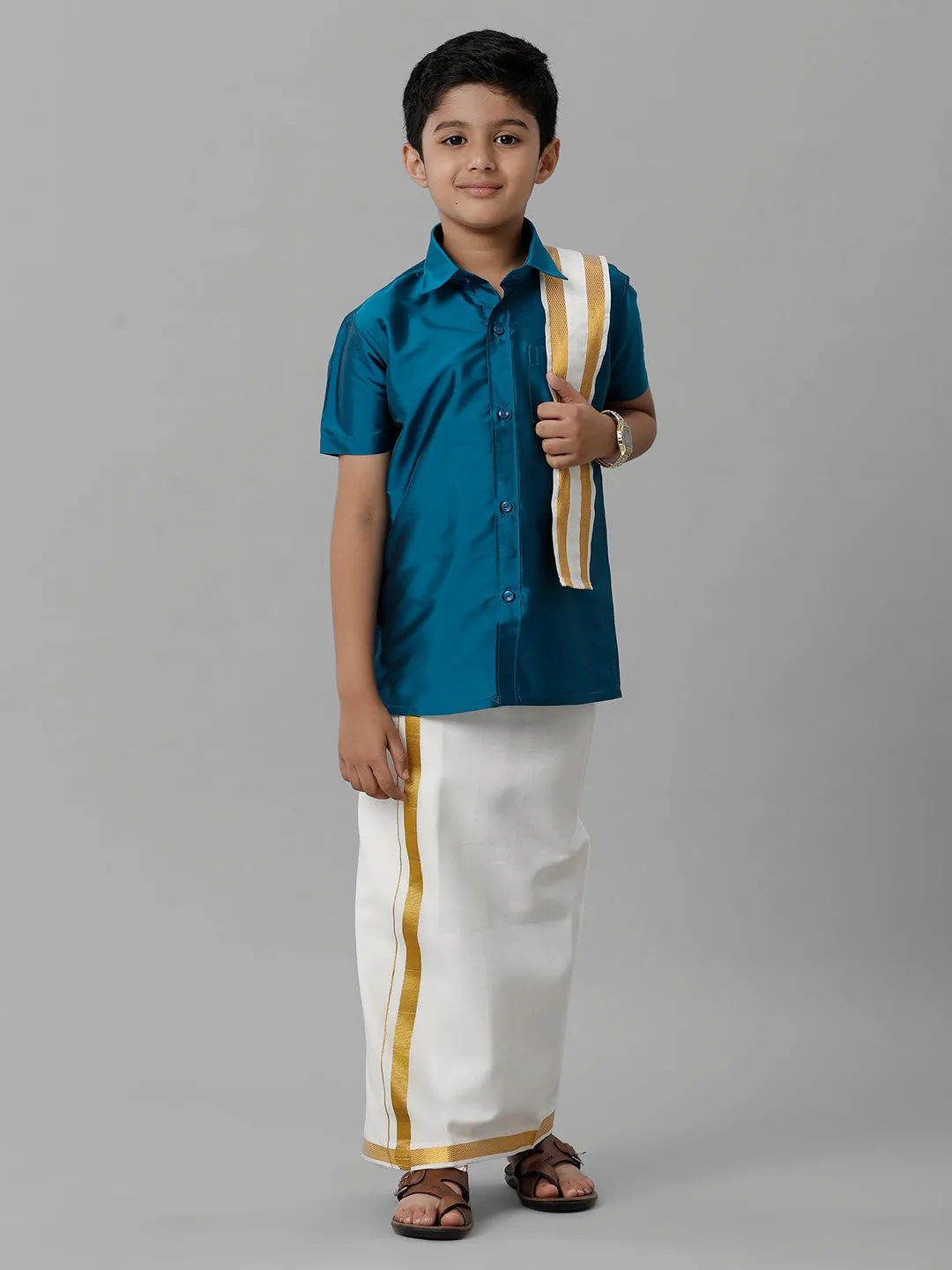 Boys Silk Cotton Blue Half Sleeves Shirt with Adjustable Cream Dhoti Towel Combo K1