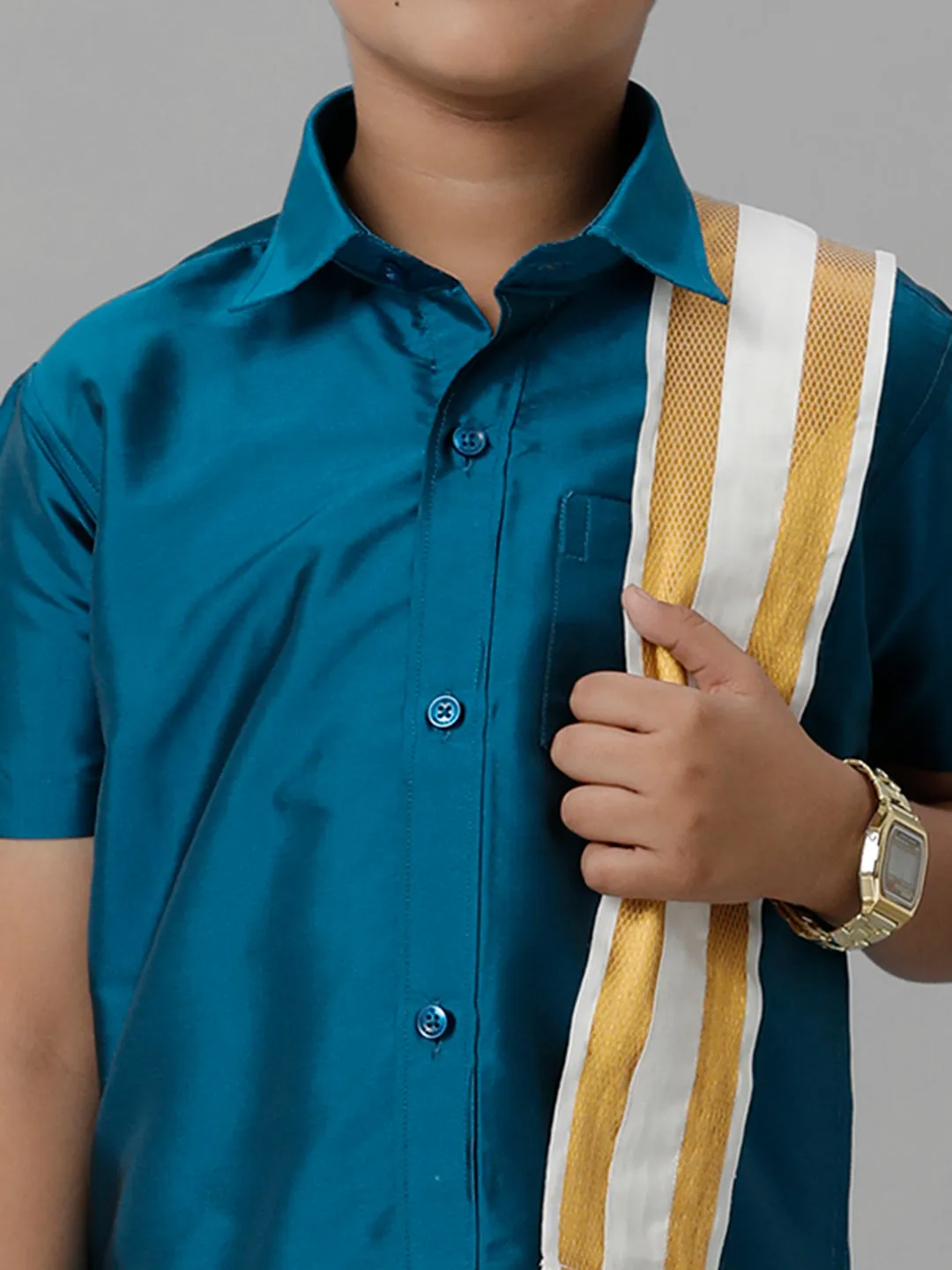 Boys Silk Cotton Blue Half Sleeves Shirt with Adjustable Cream Dhoti Towel Combo K1