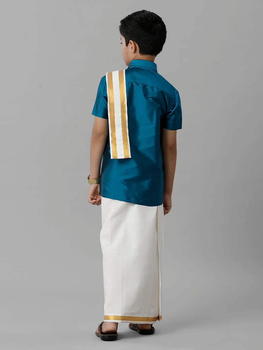 Boys Silk Cotton Blue Half Sleeves Shirt with Adjustable Cream Dhoti Towel Combo K1