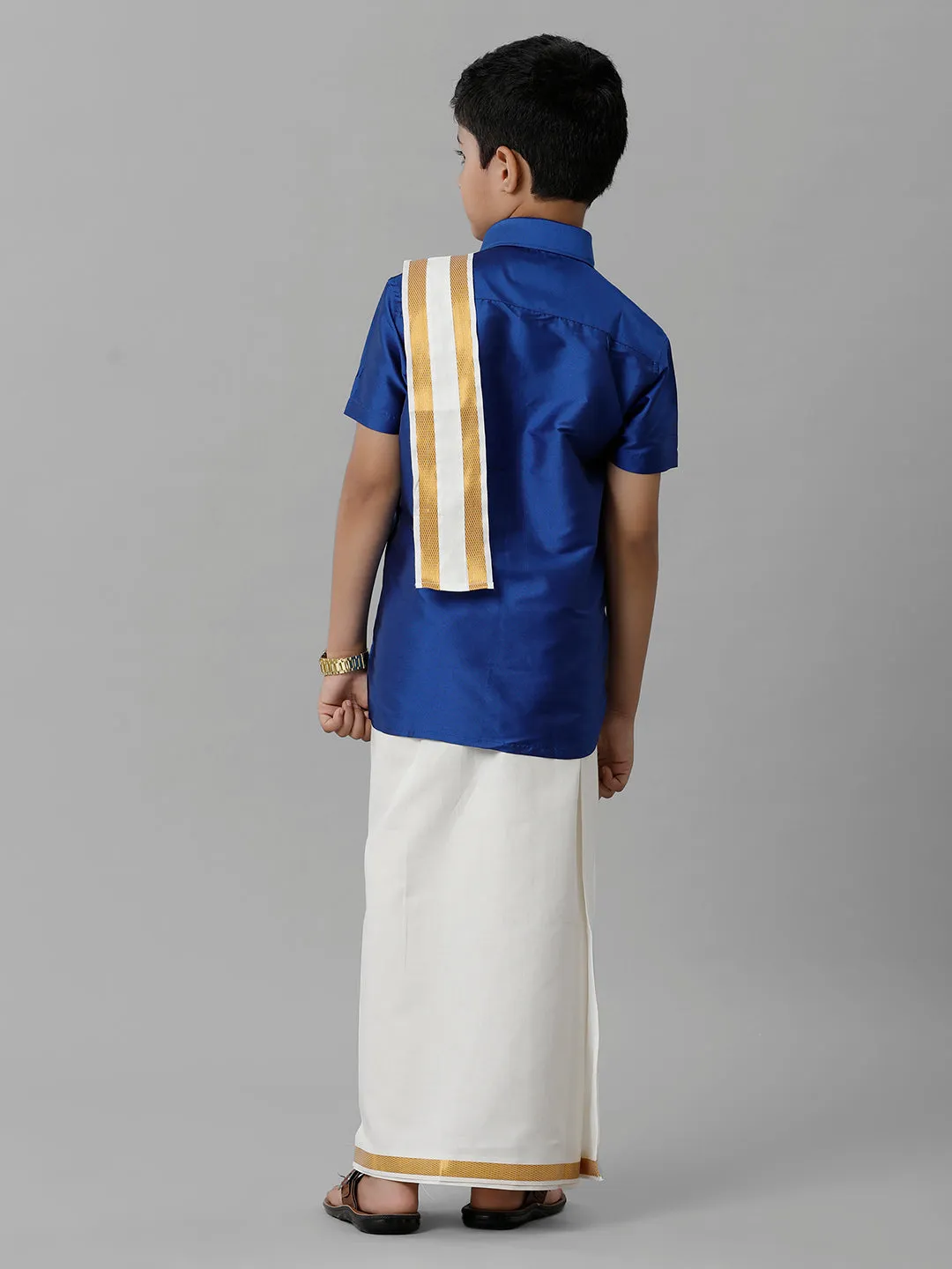 Boys Silk Cotton Blue Half Sleeves Shirt with Adjustable Cream Dhoti Towel Combo K5