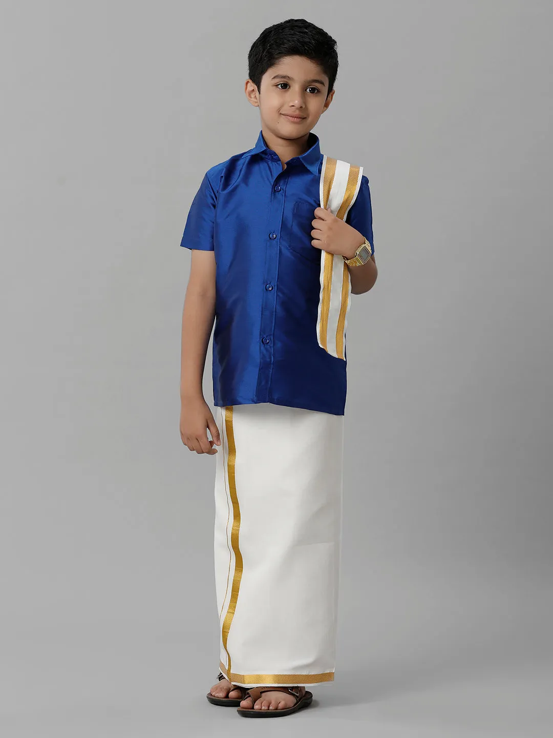 Boys Silk Cotton Blue Half Sleeves Shirt with Adjustable Cream Dhoti Towel Combo K5