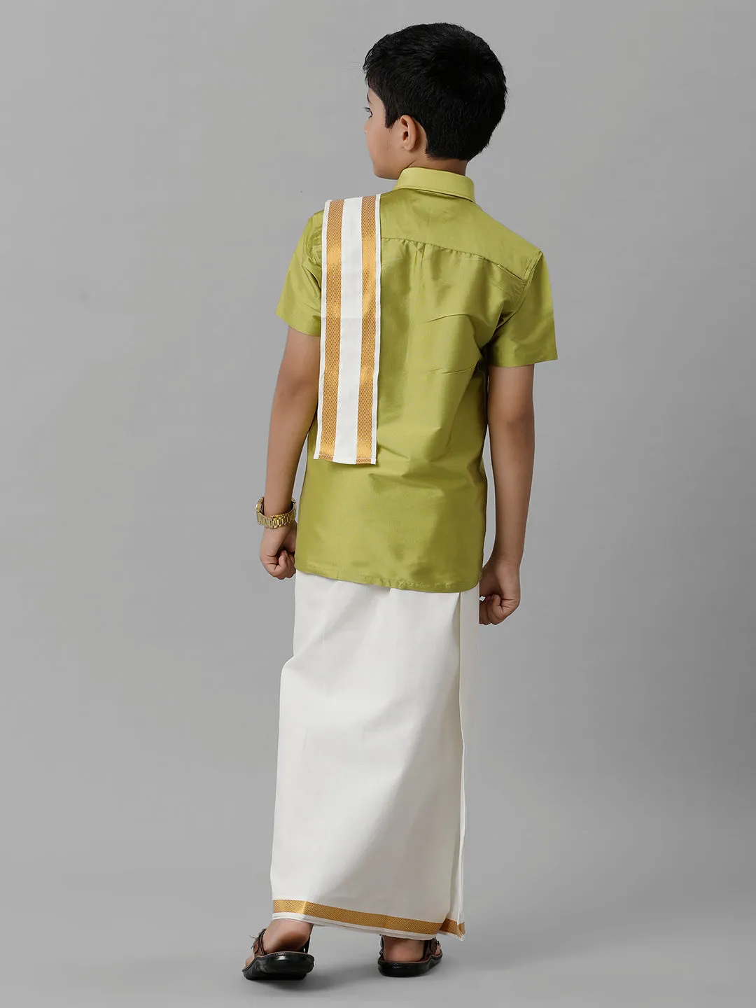 Boys Silk Cotton Lemon Green Half Sleeves Shirt with Adjustable Cream Dhoti Towel Combo K44