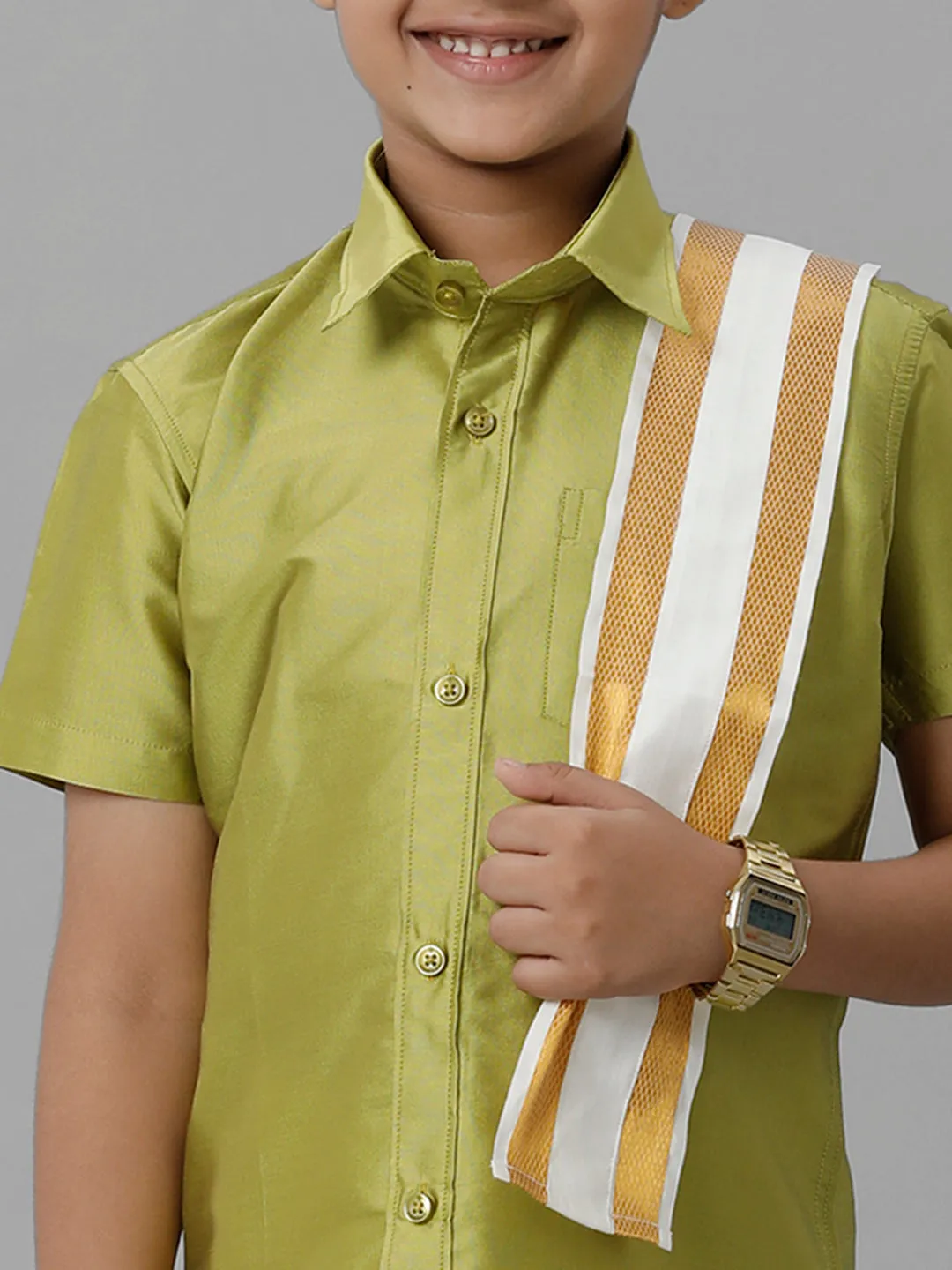 Boys Silk Cotton Lemon Green Half Sleeves Shirt with Adjustable Cream Dhoti Towel Combo K44