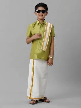 Boys Silk Cotton Lemon Green Half Sleeves Shirt with Adjustable Cream Dhoti Towel Combo K44