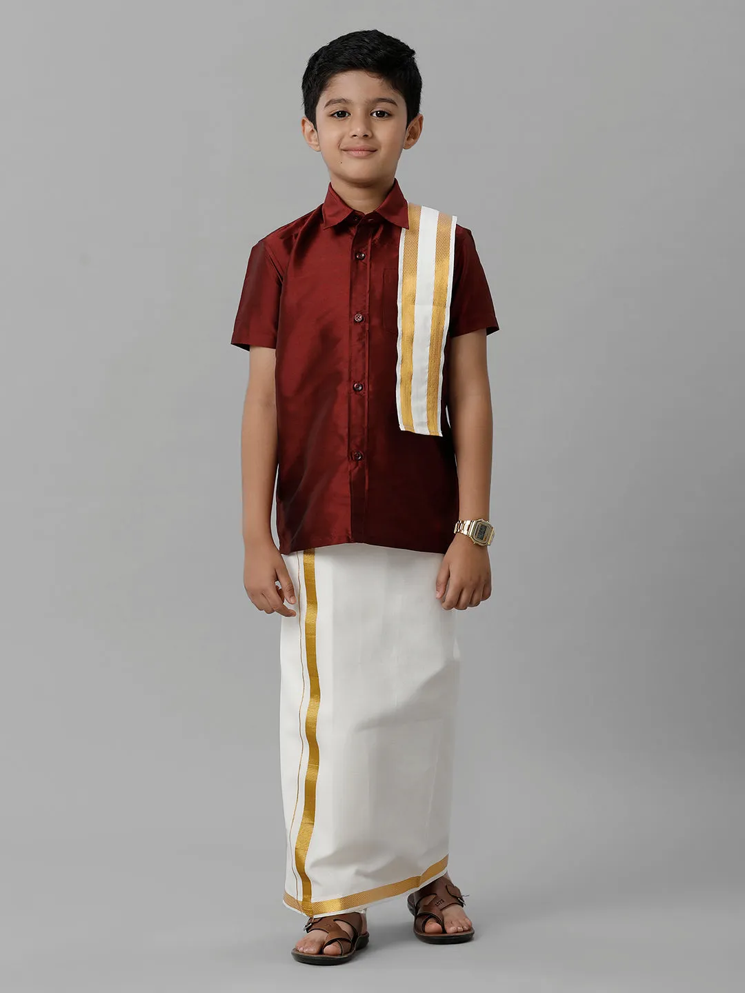 Boys Silk Cotton Maroon Half Sleeves Shirt with Adjustable Cream Dhoti Towel Combo K7