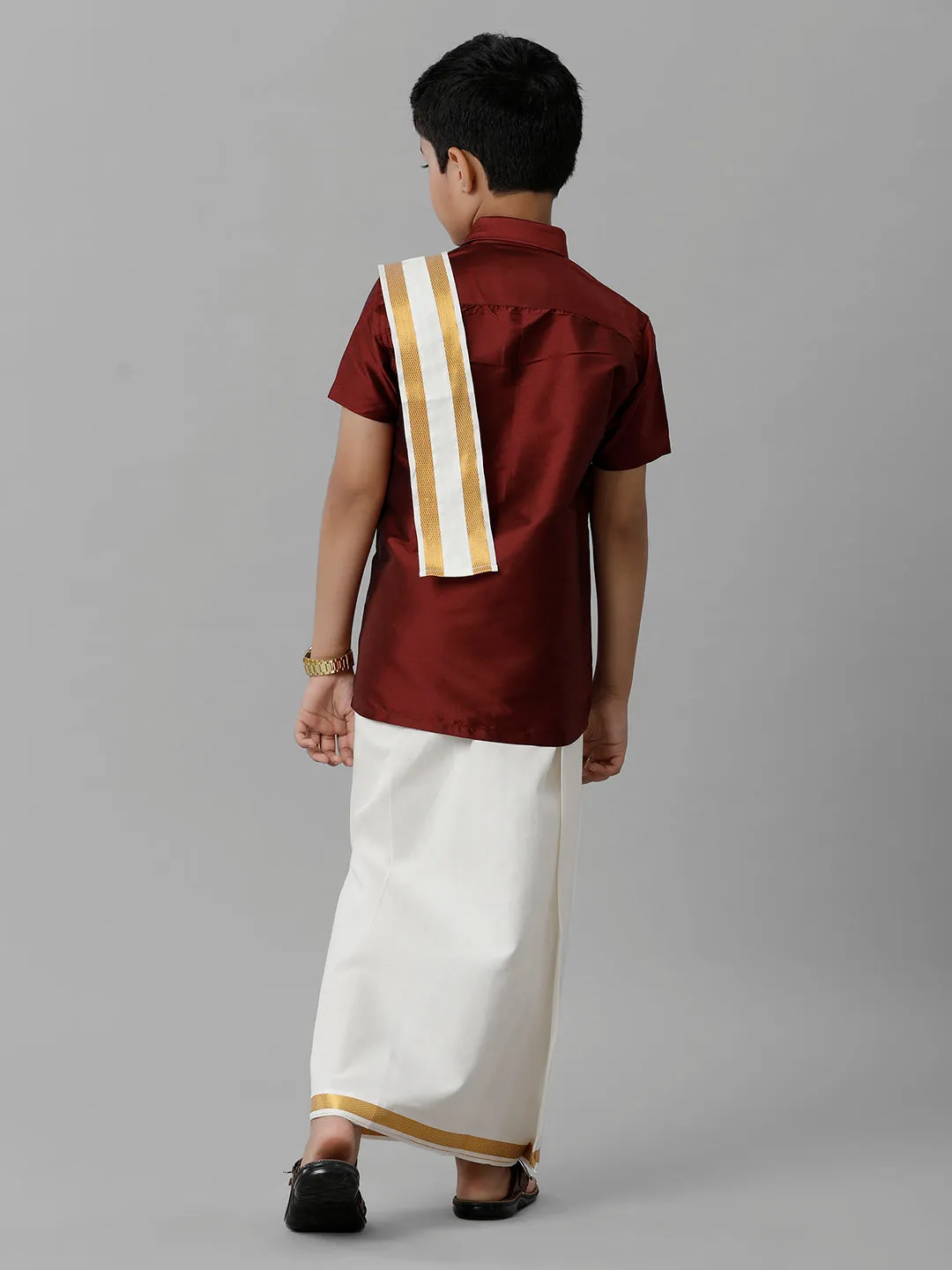 Boys Silk Cotton Maroon Half Sleeves Shirt with Adjustable Cream Dhoti Towel Combo K7