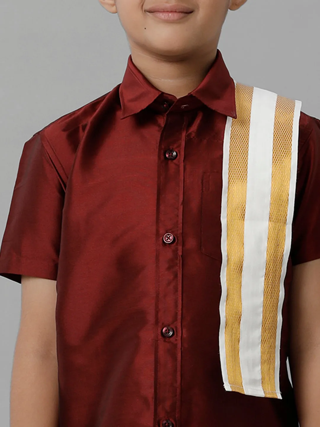 Boys Silk Cotton Maroon Half Sleeves Shirt with Adjustable Cream Dhoti Towel Combo K7