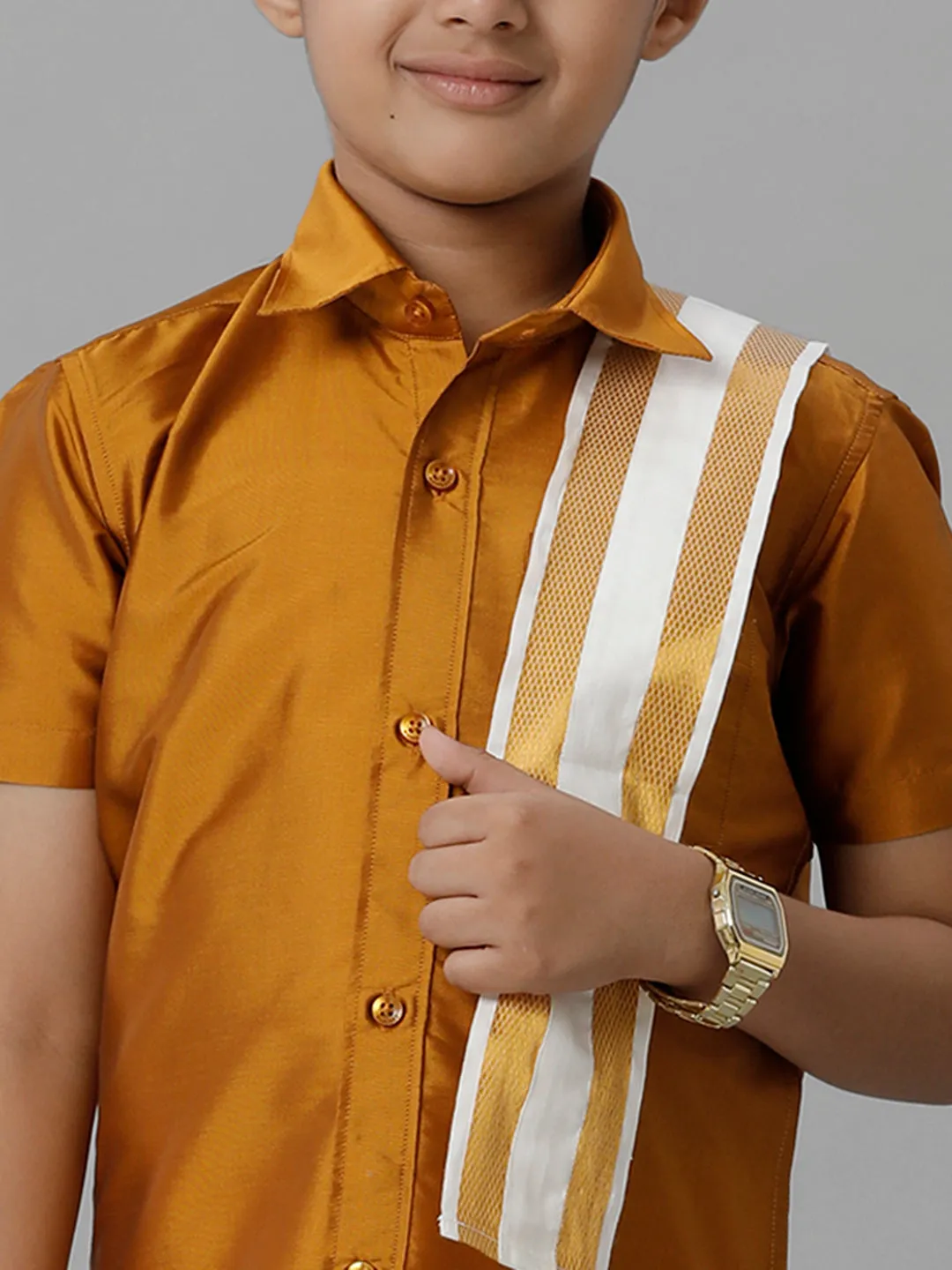 Boys Silk Cotton Mustard Half Sleeves Shirt with Adjustable Cream Dhoti Towel Combo K37