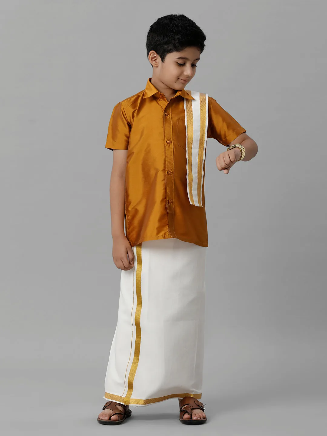 Boys Silk Cotton Mustard Half Sleeves Shirt with Adjustable Cream Dhoti Towel Combo K37