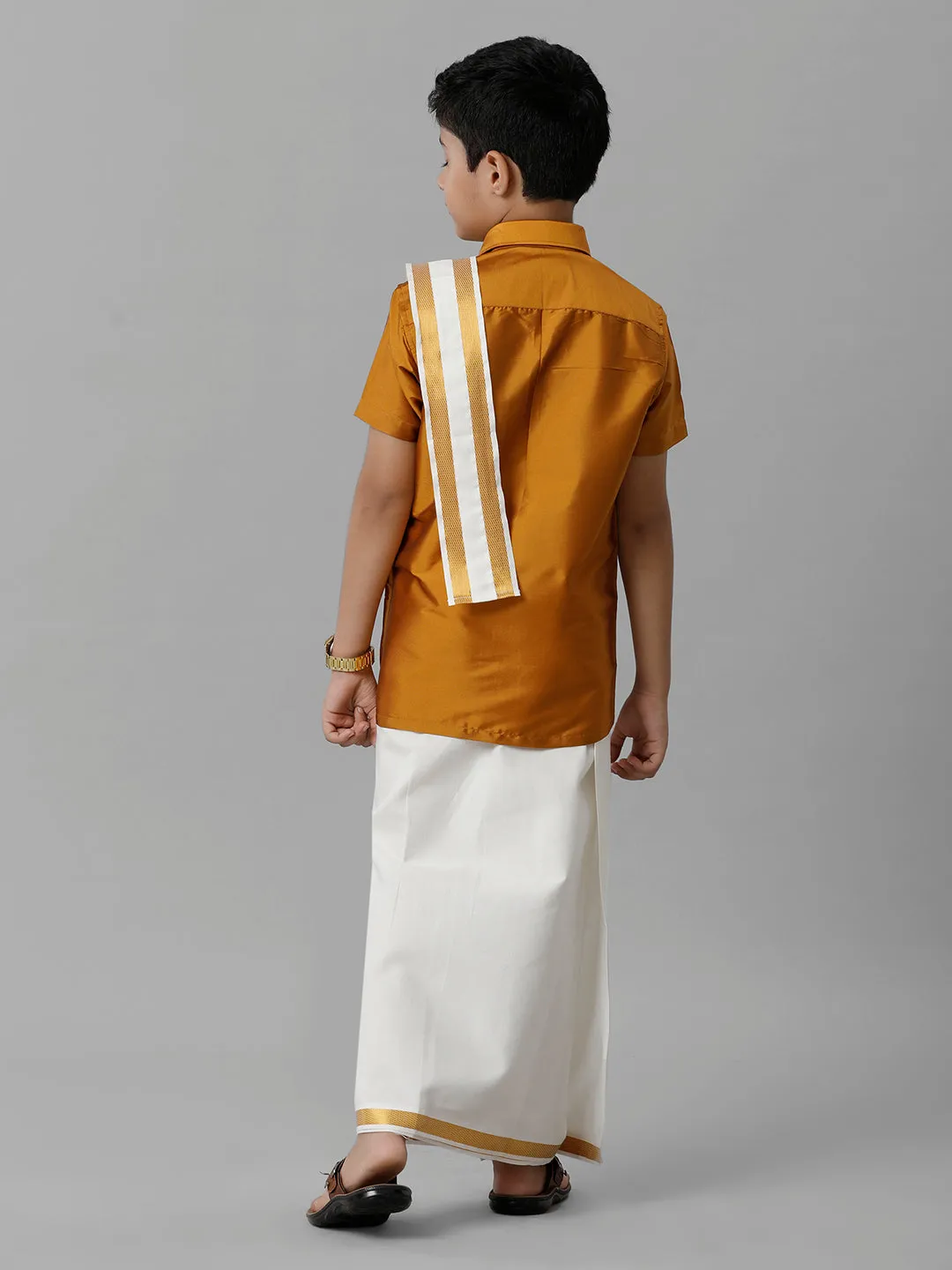 Boys Silk Cotton Mustard Half Sleeves Shirt with Adjustable Cream Dhoti Towel Combo K37