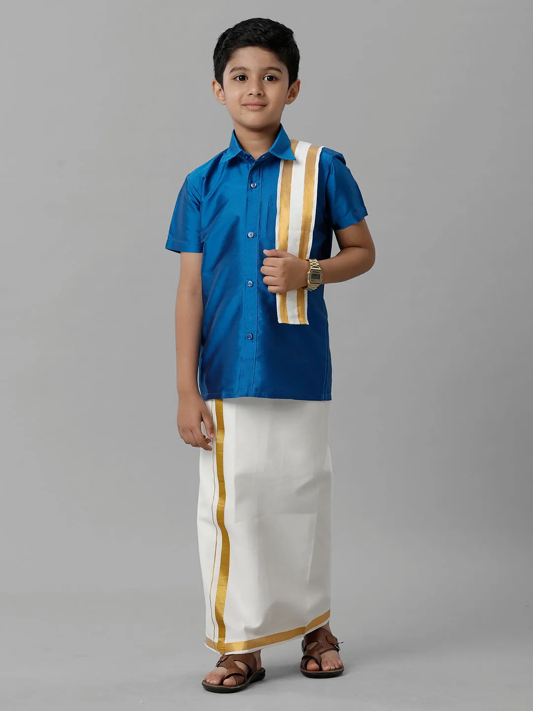 Boys Silk Cotton Royal Blue Half Sleeves Shirt with Adjustable Cream Dhoti Towel Combo K10