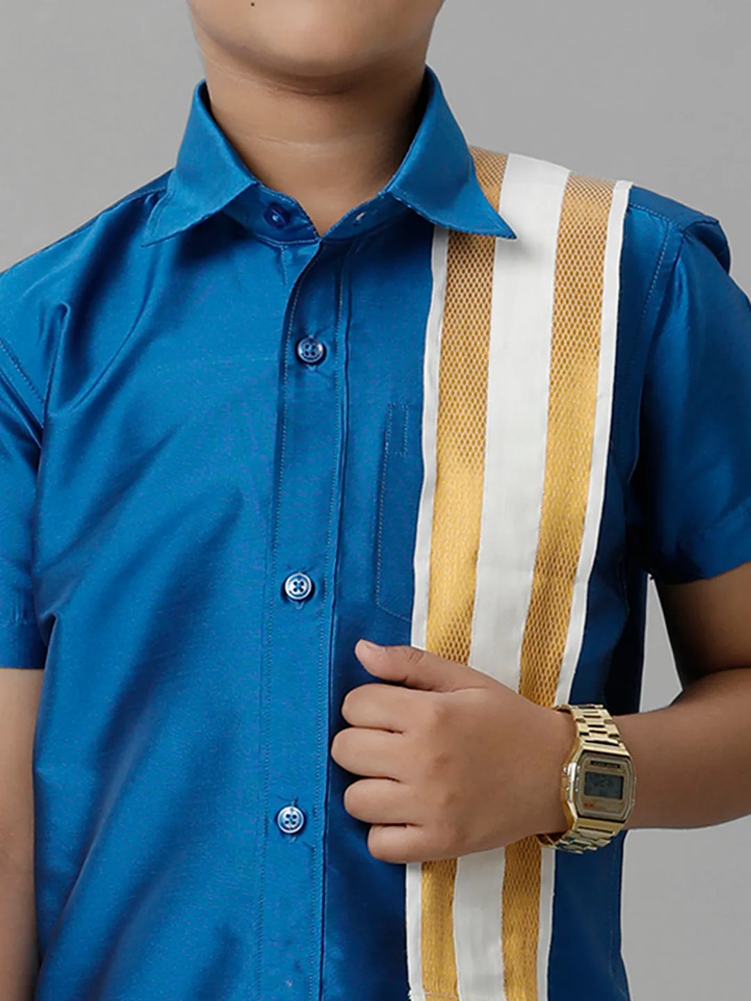 Boys Silk Cotton Royal Blue Half Sleeves Shirt with Adjustable Cream Dhoti Towel Combo K10