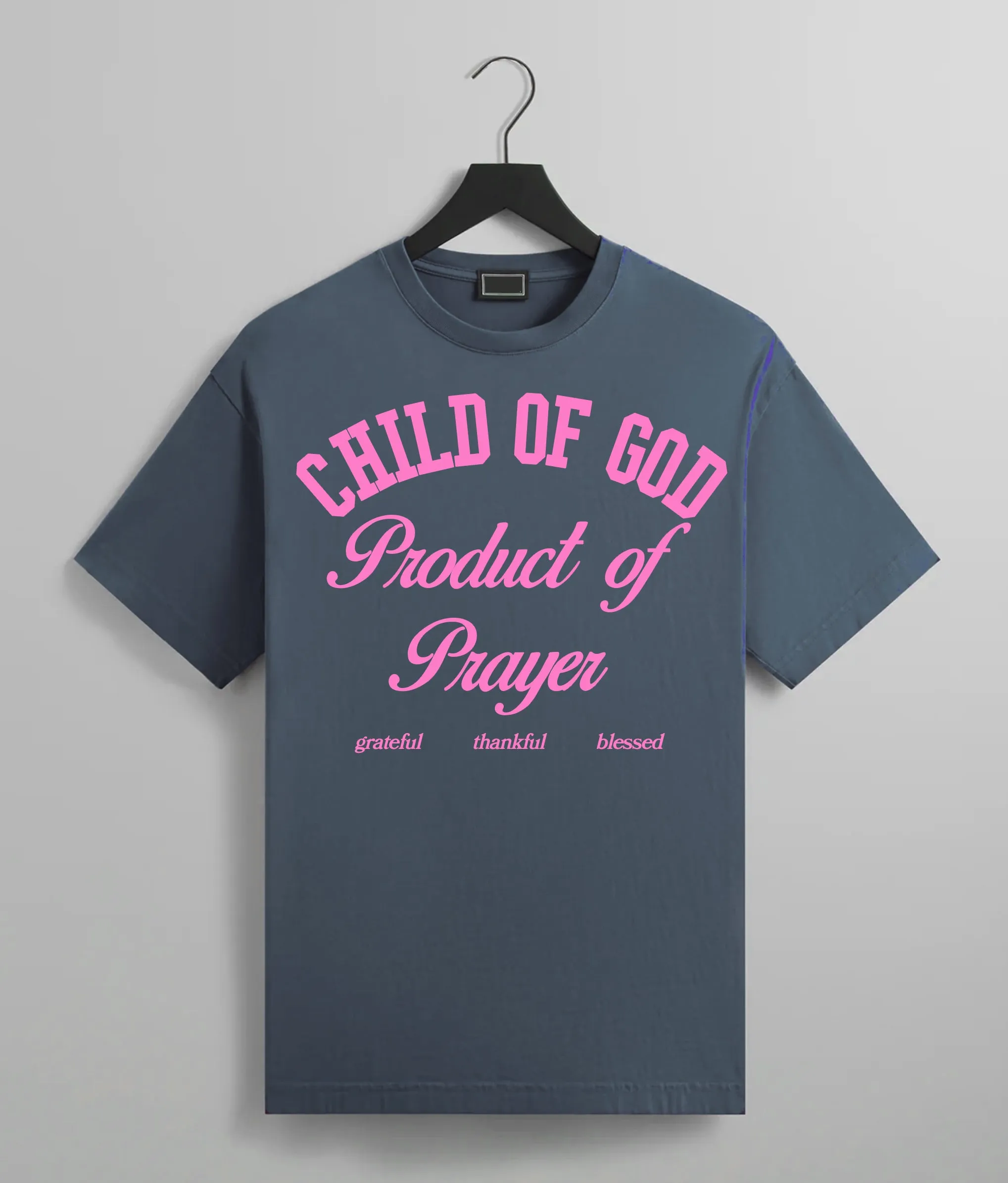 CHILD OF GOD PRODUCT OF PRAYER TEE (HEATHER NAVY/PINK)