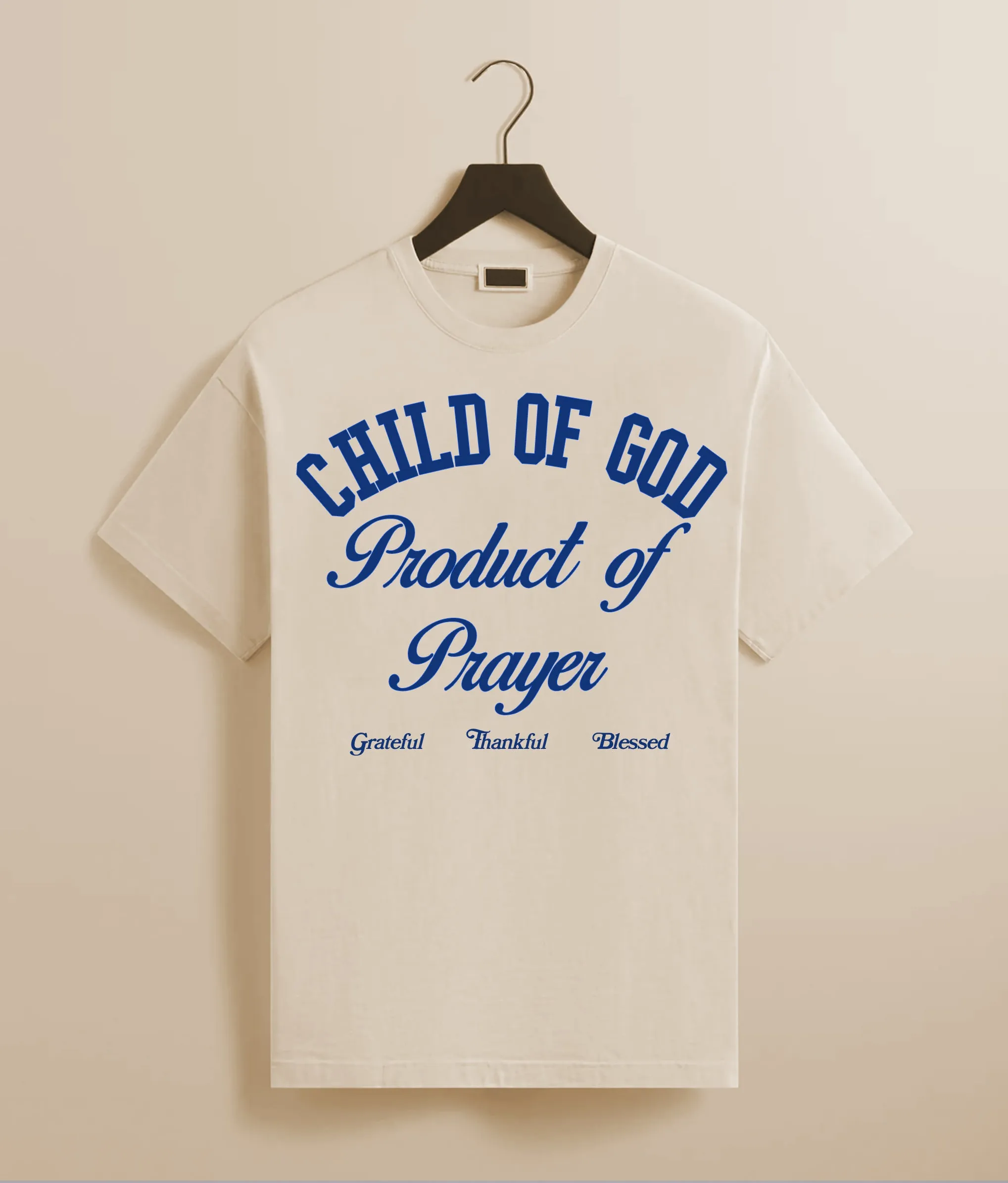 CHILD OF GOD PRODUCT OF PRAYER TEE (NATURAL/NAVY)