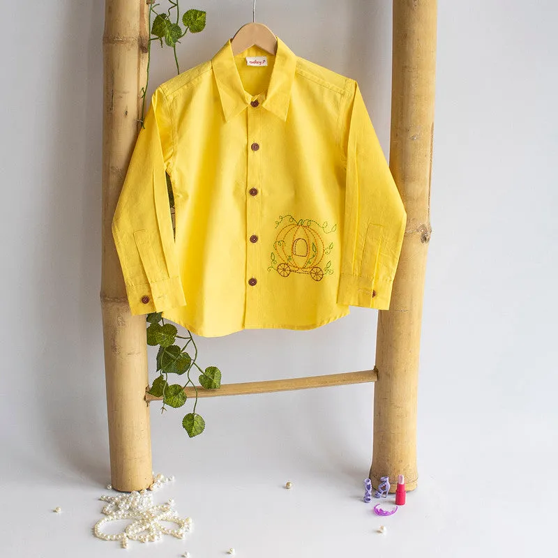 Cotton Full Sleeves Shirt for Kids | Pumpkin Carriage Embroidered | Yellow