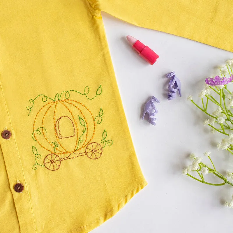 Cotton Full Sleeves Shirt for Kids | Pumpkin Carriage Embroidered | Yellow