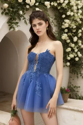 Cute A-Line Strapless Navy Tulle Short Homecoming Dresses with Appliques VK240731145