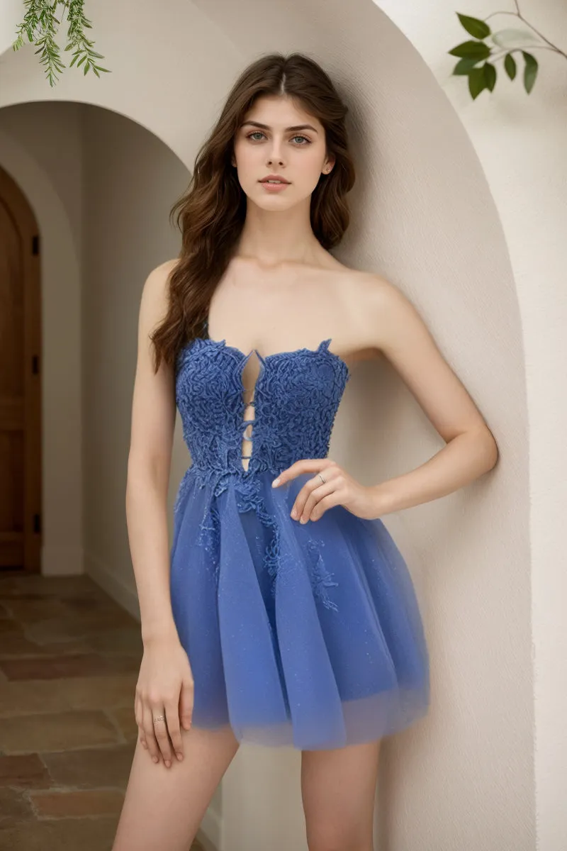 Cute A-Line Strapless Navy Tulle Short Homecoming Dresses with Appliques VK240731145