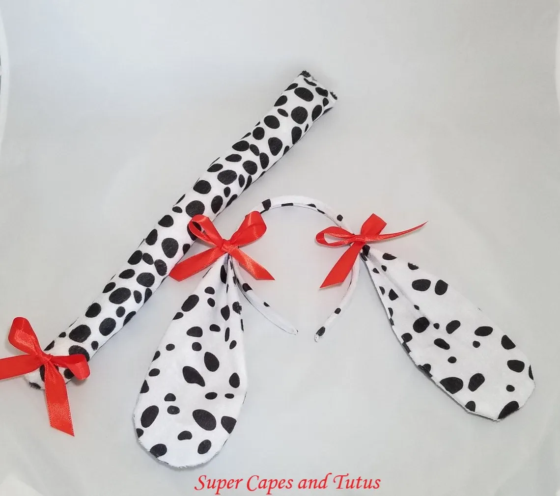 Dalmatian Tail and Ears Headband with Bows (Spotted Fabric) - Dalmatian Birthday - Dalmatian Costume - Dalmatian Tail - Dalmatian Headband Ears - Dog Ears Headband - Dog Tail - Dress Up - Halloween Costume - Dalmatian Birthday Party