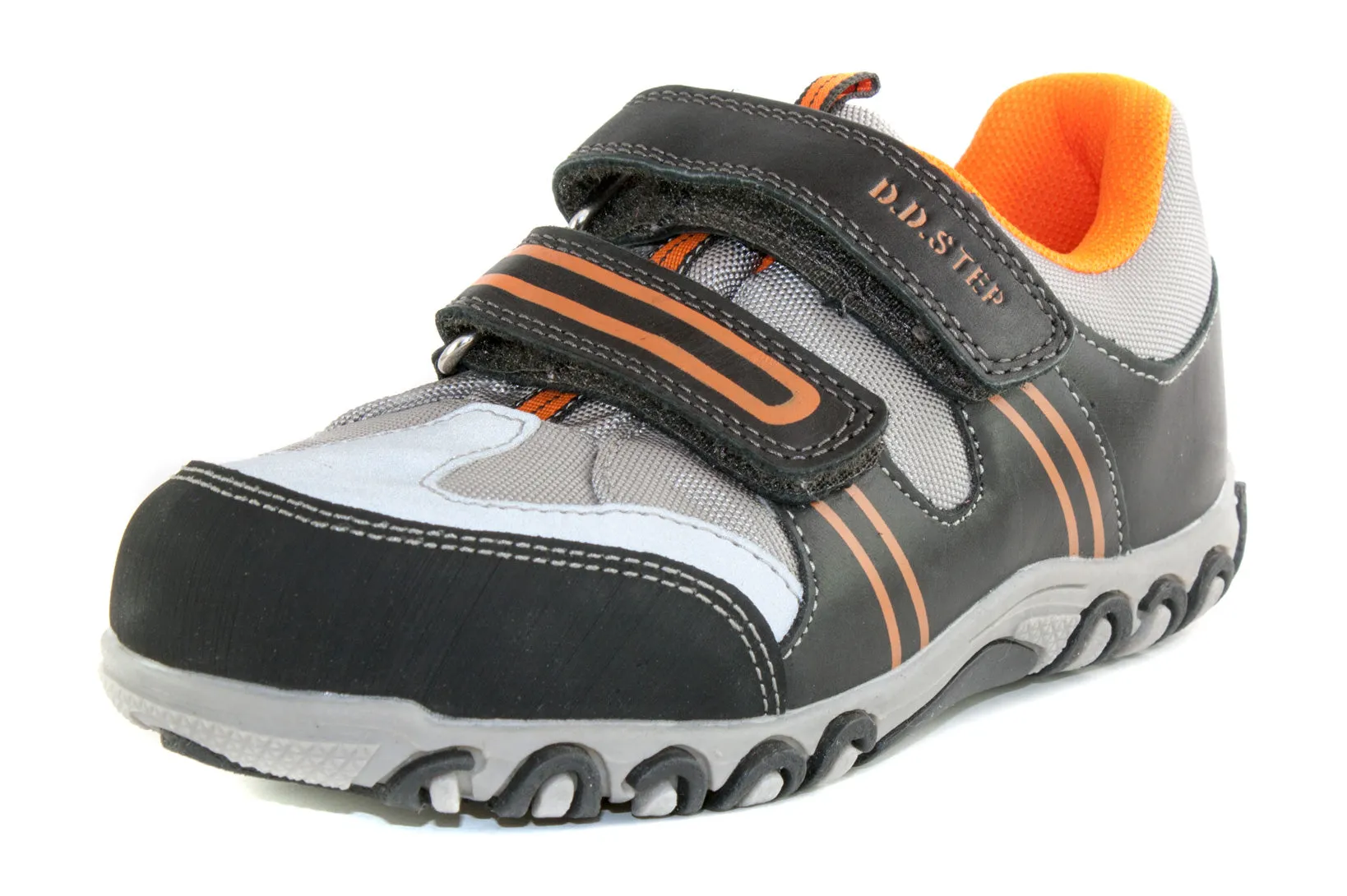 D.D. Step big kid boy waterproof double strap shoes black and orange size US 13-4