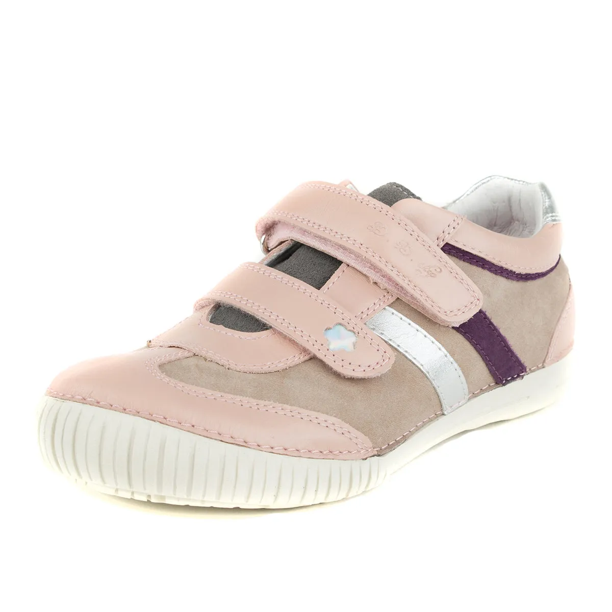 D.D. Step big kid girl double strap shoes beige and light pink with purple and silver stripe size US 13-4