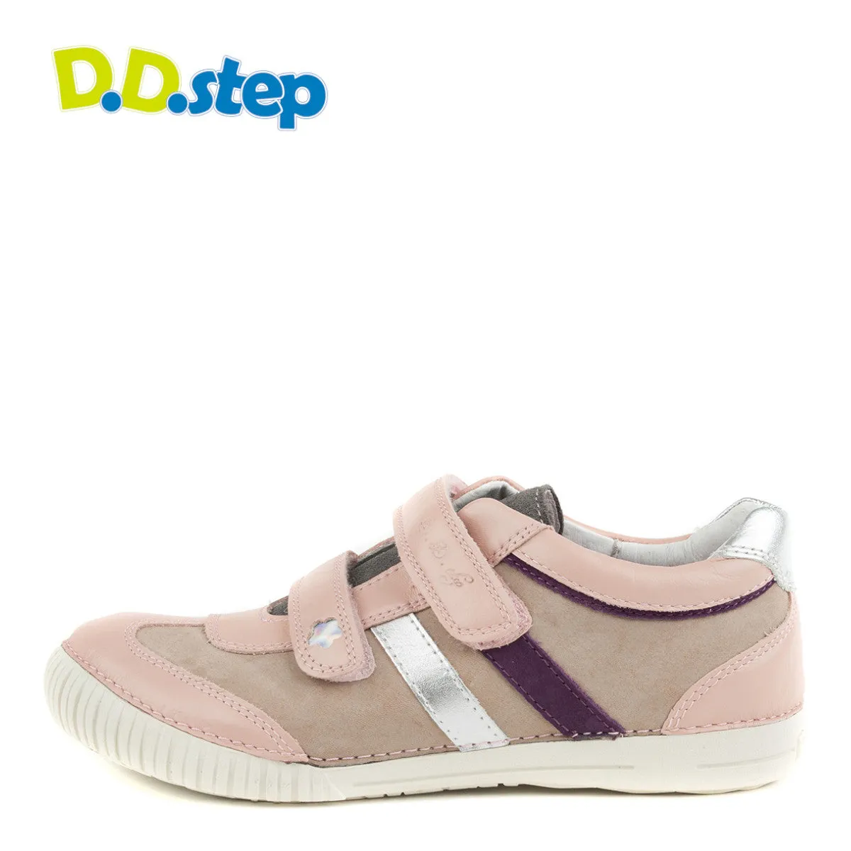 D.D. Step big kid girl double strap shoes beige and light pink with purple and silver stripe size US 13-4