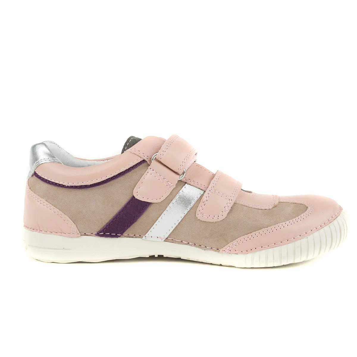 D.D. Step big kid girl double strap shoes beige and light pink with purple and silver stripe size US 13-4