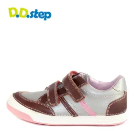 D.D. Step big kid girl double strap shoes metal and light pink with maroon size US 13-4