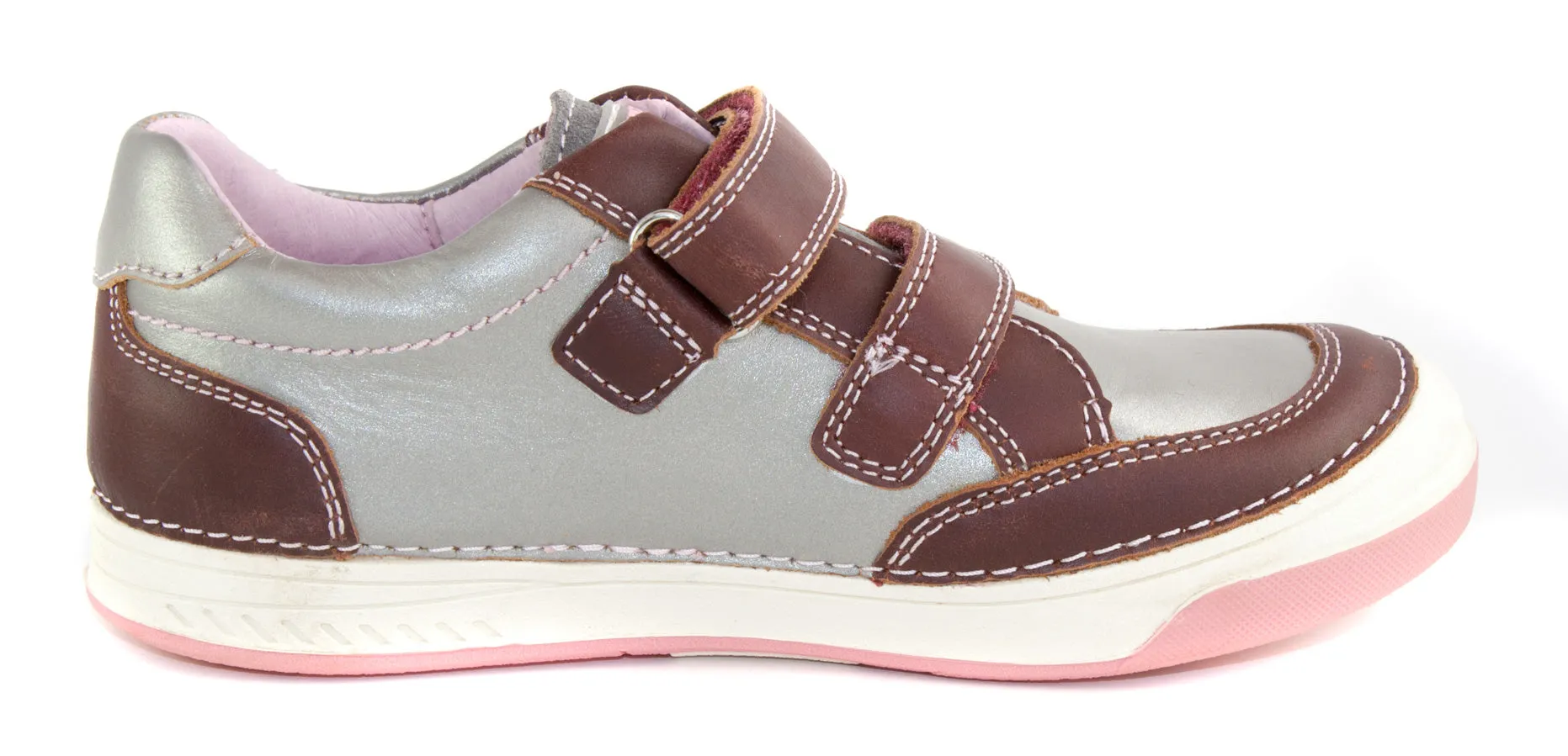 D.D. Step big kid girl double strap shoes metal and light pink with maroon size US 13-4