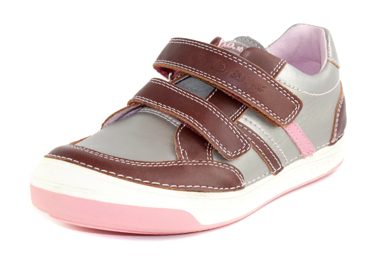 D.D. Step big kid girl double strap shoes metal and light pink with maroon size US 13-4