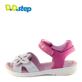 D.D. Step little kid double strap girl sandals pink and shiny white with flower size US 8.5-12