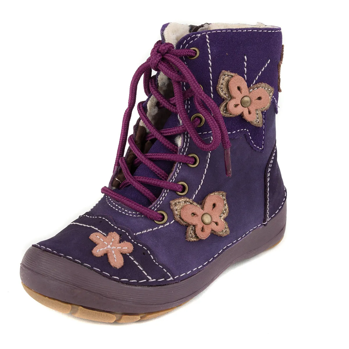 D.D. Step little kid girl shoes/winter boots with faux fur insulation purple with butterflies size US 8.5-12