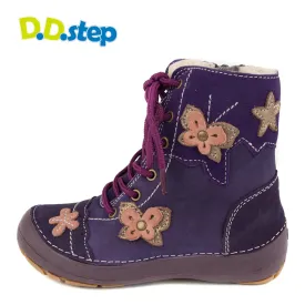D.D. Step little kid girl shoes/winter boots with faux fur insulation purple with butterflies size US 8.5-12
